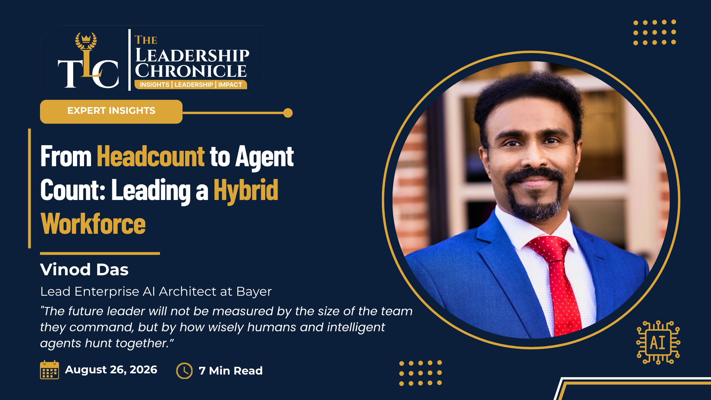 The Leadership Chronicle article cover: 'From Headcount to Agent Count: Leading a Hybrid Workforce,' by Vinod Das, Lead Enterprise AI Architect at Bayer, featuring his portrait, with a pull quote on how humans and intelligent agents hunt together, dated August 26, 2026, 7 min read.